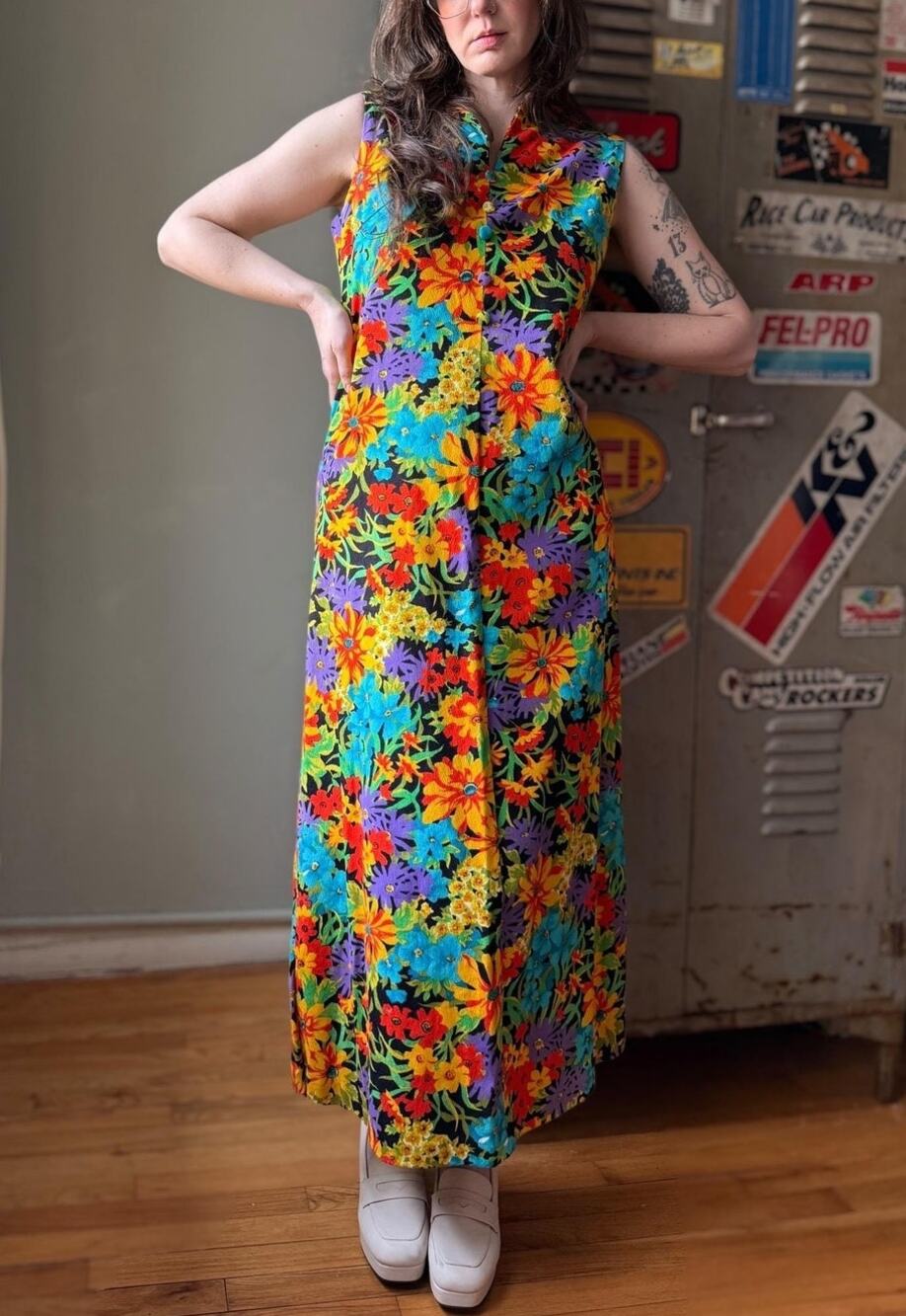 Vintage 60s Floral Maxi Dress | Psychedelic Floral Print Sleeveless | Size S/M